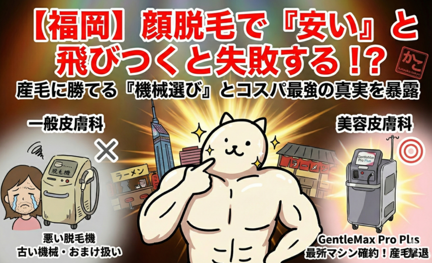 福岡で医療脱毛の「顔脱毛」が安いクリニックを探しているあなたへ。ちょっと待って！顔は絶対に失敗できない部位です。安さだけで選ぶと、産毛が抜けずに終わる危険も…。脱毛マニアが教える「機械で選ぶ顔脱毛の正解」と、ジェントルマックスプロプラス確約なのに実は安い穴場クリニックを暴露します。