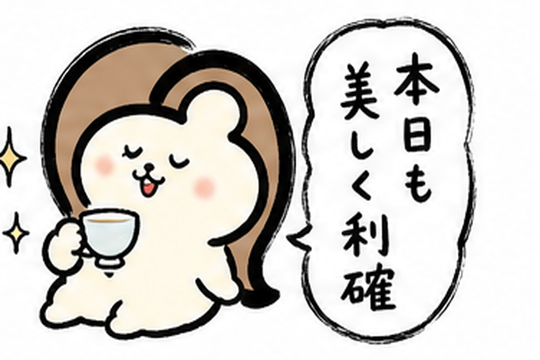 「本日も美しく利確」とお茶を飲むカツ子｜脱毛完了のご褒美